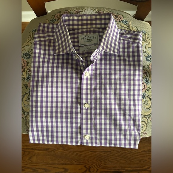 Charles Tyrwhitt Gingham Button Down Shirt Non Iron Purple Check 16.5 36 - Picture 6 of 8